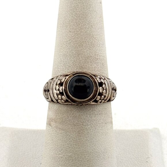 Estate Sterling Silver 925 Onyx Cabochon Ring Size 7 Ornate Vintage Style 5.2g - Picture 1 of 8